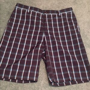 adidas Men's Burgundy Plaid Flat Front Shorts with Light Blue Stripes